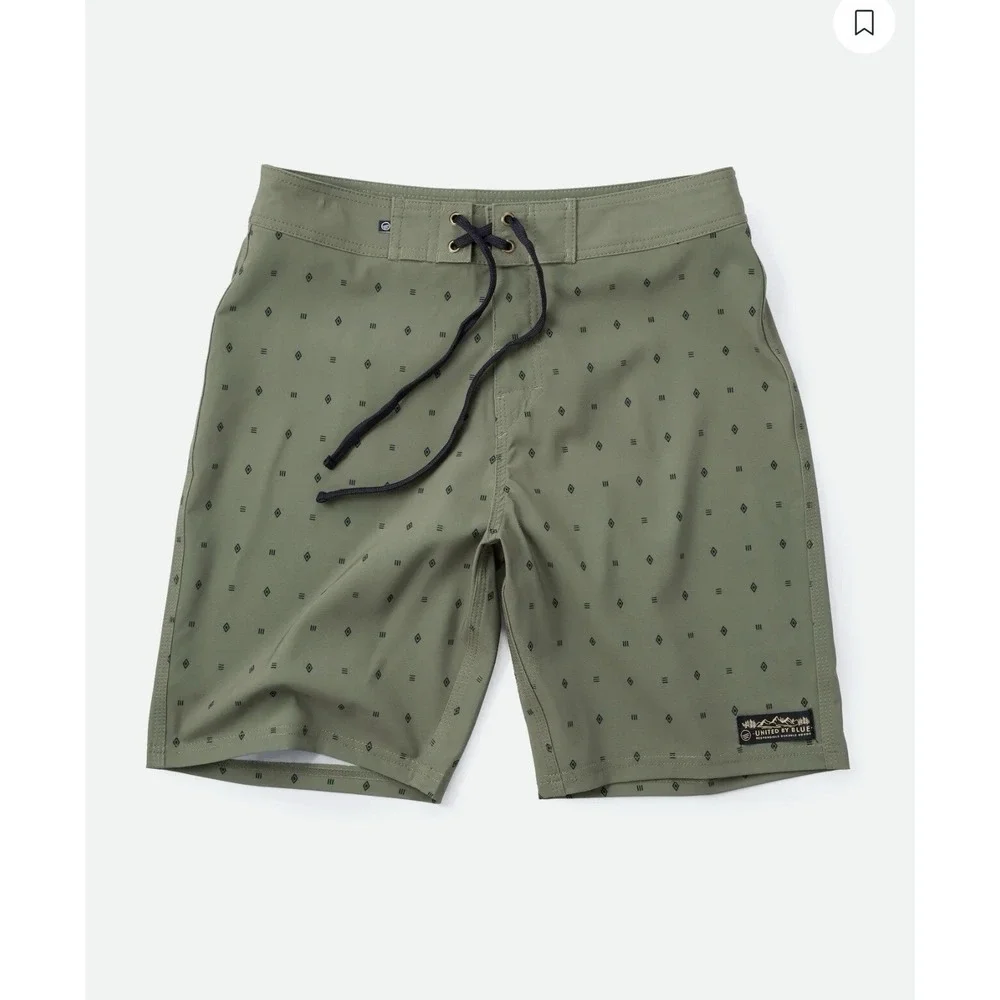 United By Blue Mens Olive Green Geometric Board Shorts Swim Trunks Size 34